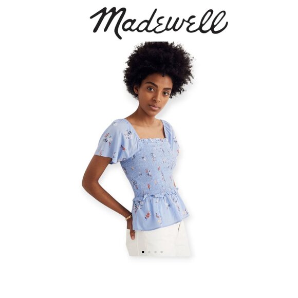 Madewell Blue Smocked Flutter-Sleeve Top Aloha Floral size S - Picture 1 of 14